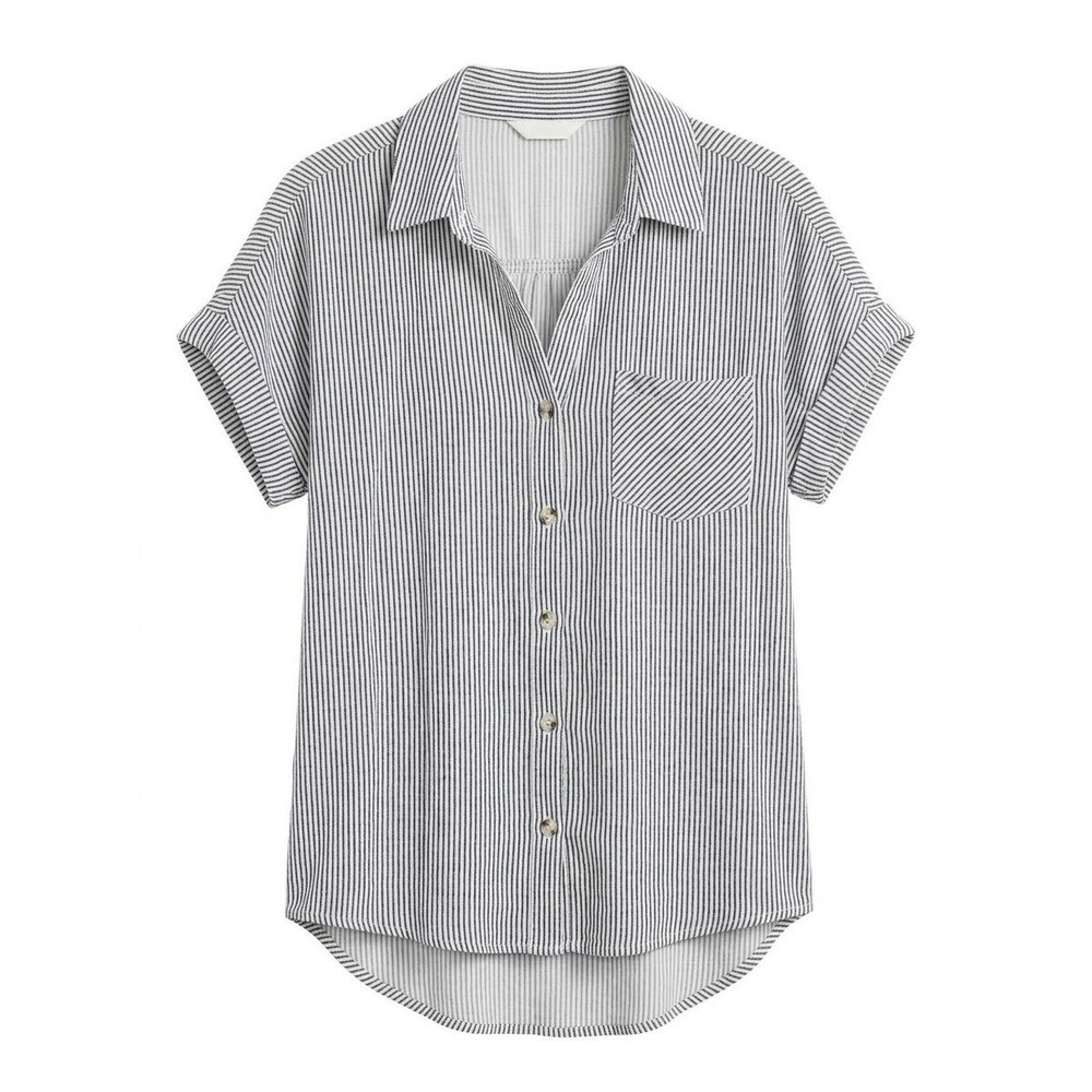 Sim & Sam Button Down Women Small Blue White Striped Short Sleeve High Low Top